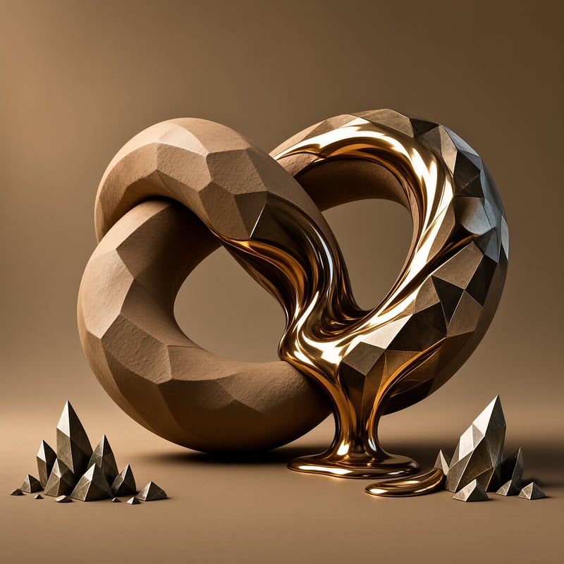 Faceted beige rings interlock as polished gold liquid pours through them against a warm tan studio backdrop