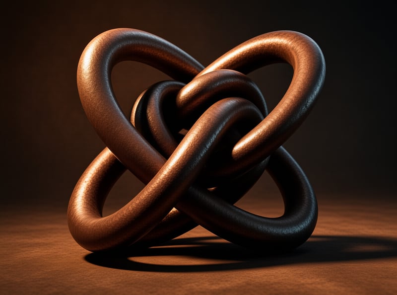 A sculpted copper knot of looping tubes gleams against a dark amber backdrop with dramatic side lighting
