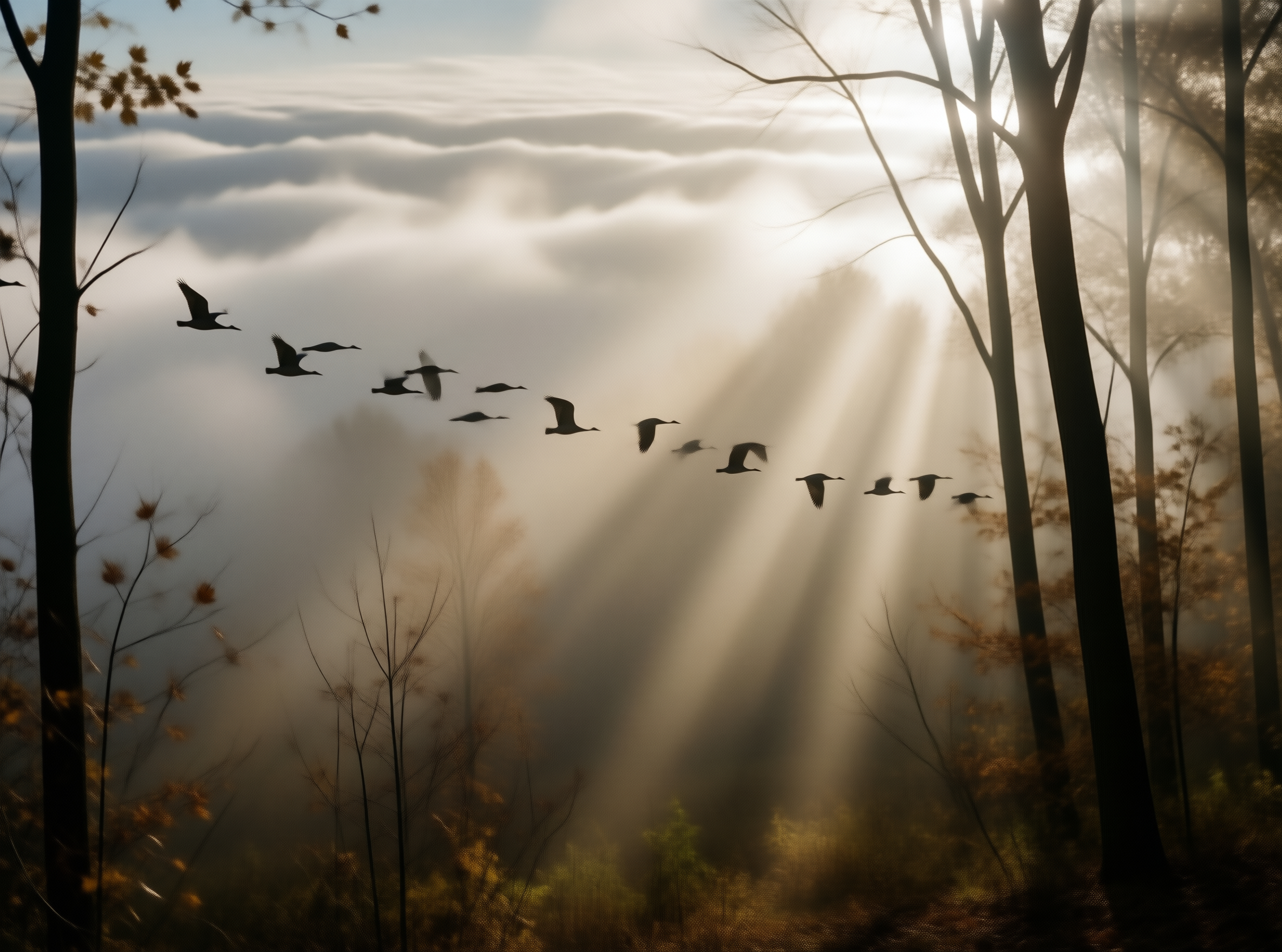 Birds Flying in Misty Forest