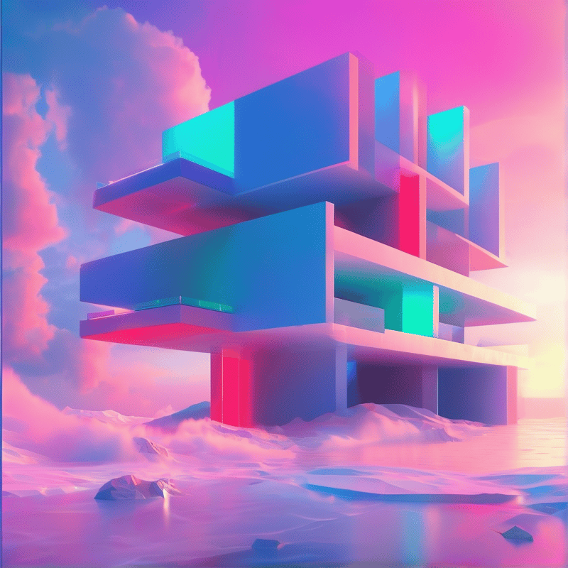 A futuristic geometric building hovers above a misty surface beneath a vibrant violet and magenta sky.