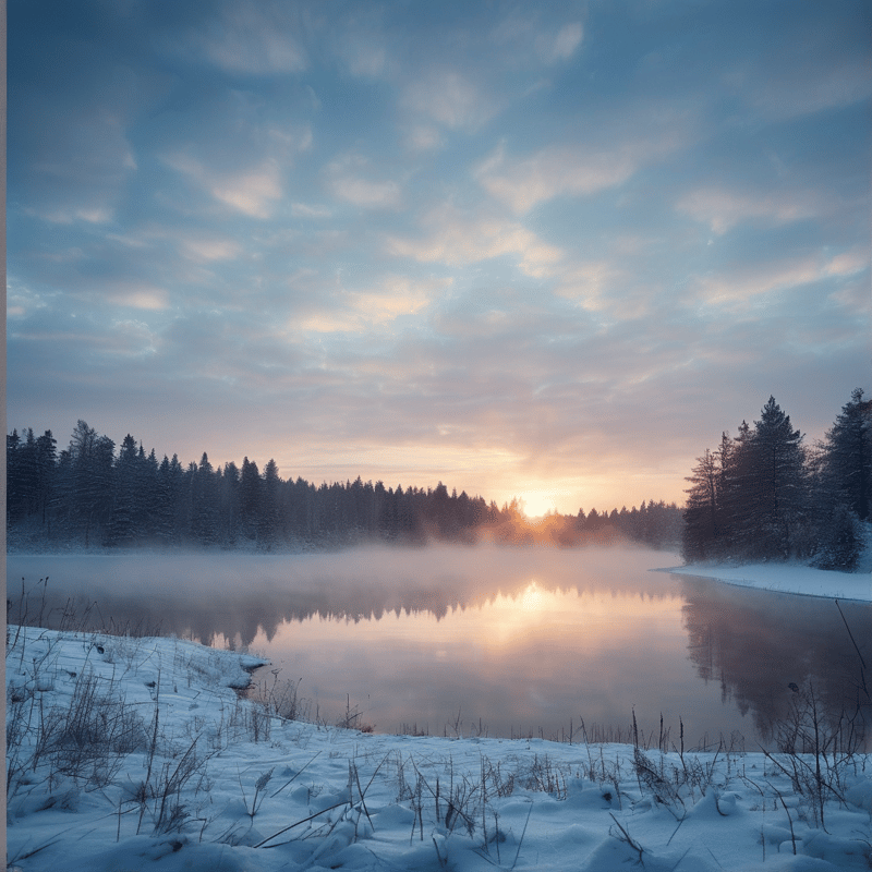 A mist shrouded frozen lake catches warm sunrise light while snow capped pine trees line its banks under a soft pastel sky
