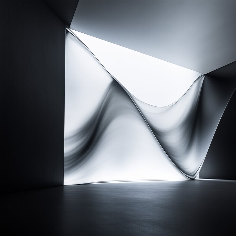 White light filters through stretched membranes inside a darkened architectural space.