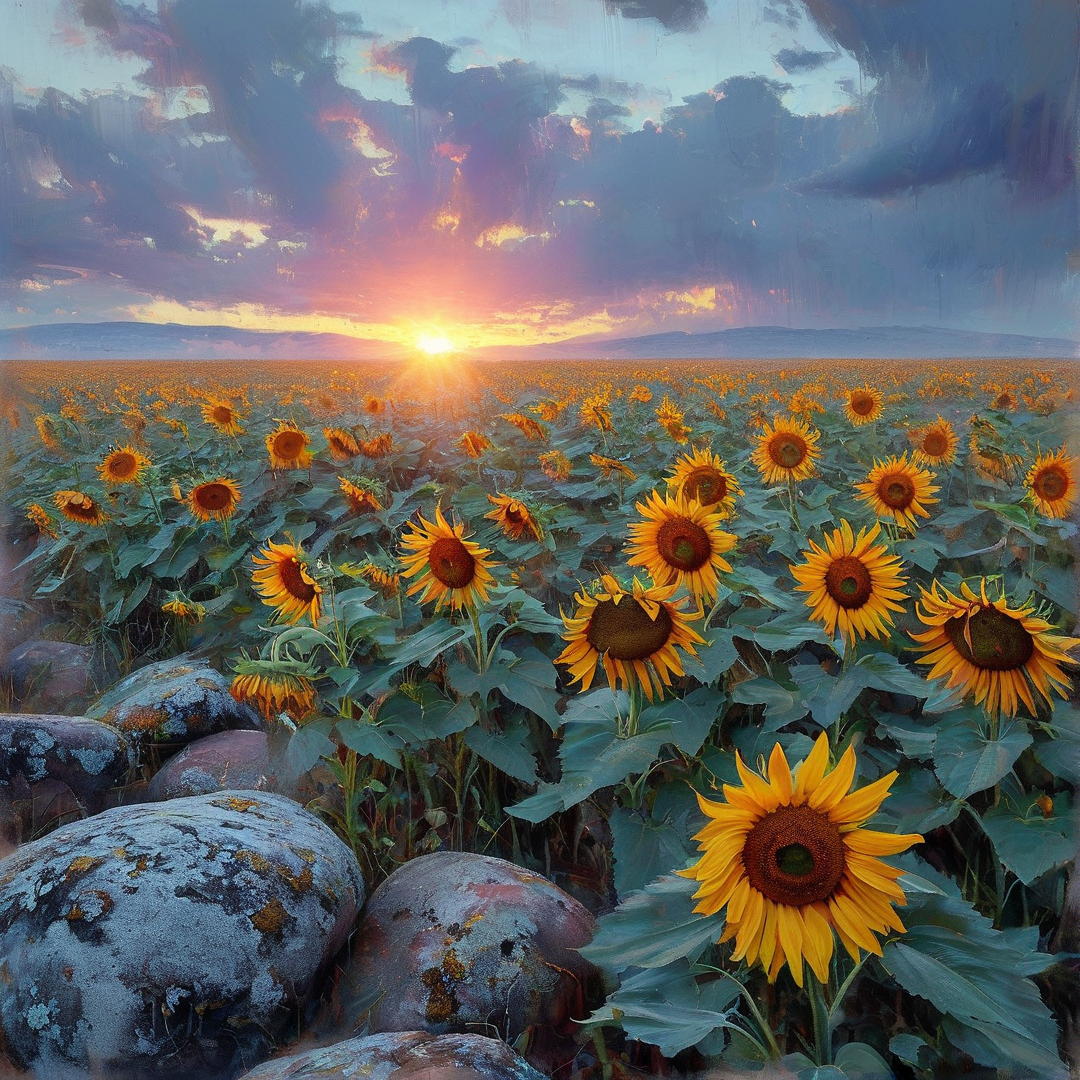 Large mossy stones sit in the foreground of a vast sunflower field illuminated by the warm light of a setting sun.