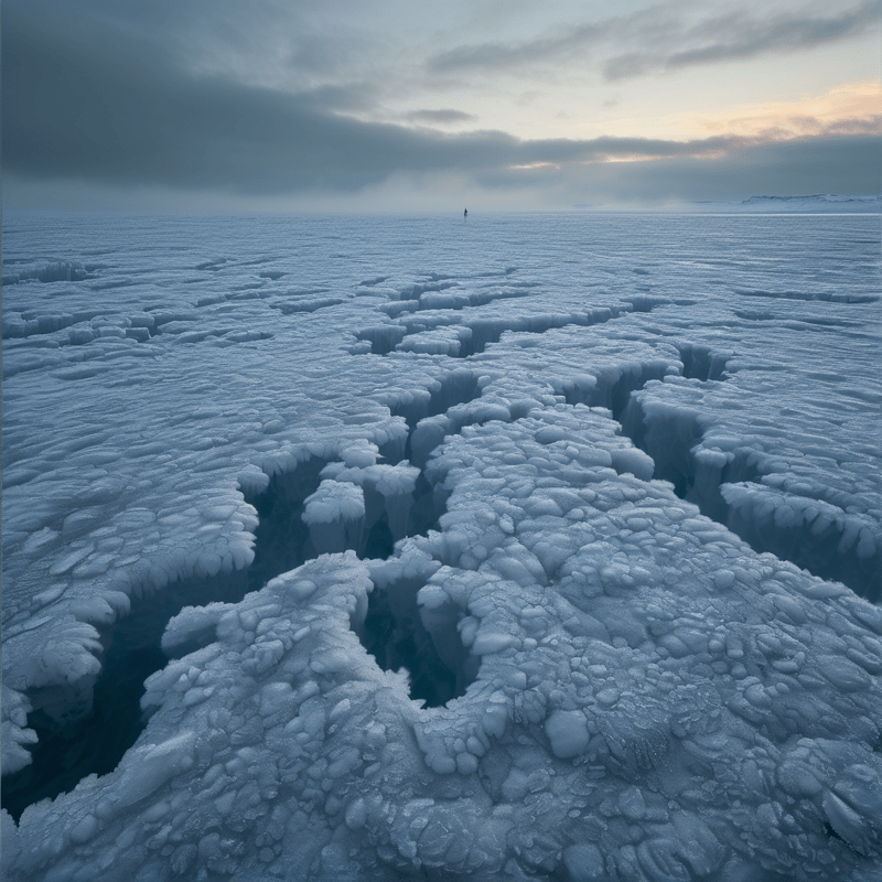 Fractured blue ice stretches toward a distant figure under a cloudy sky with orange sunset light.