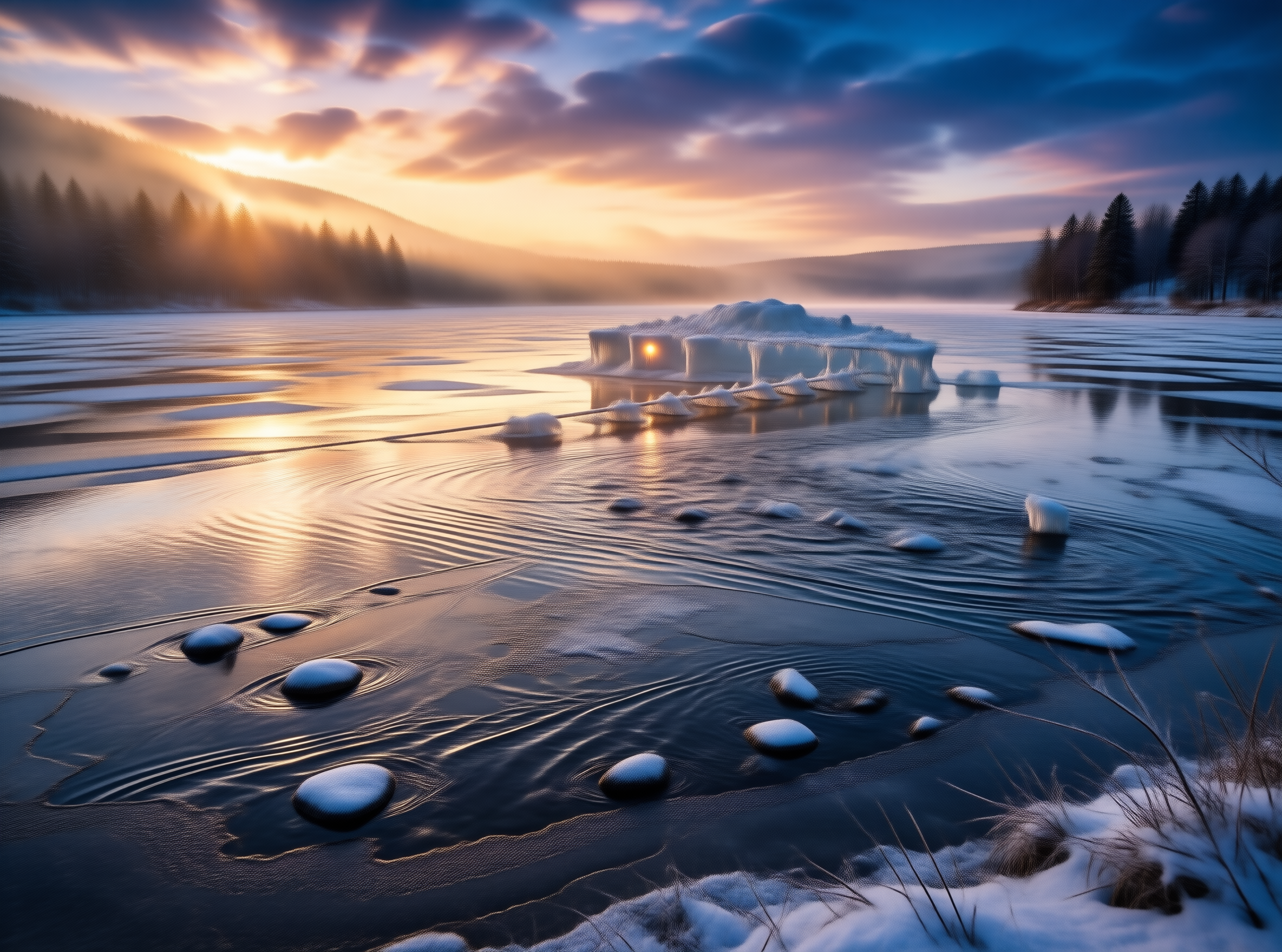 Frozen Lake at Golden Sunset