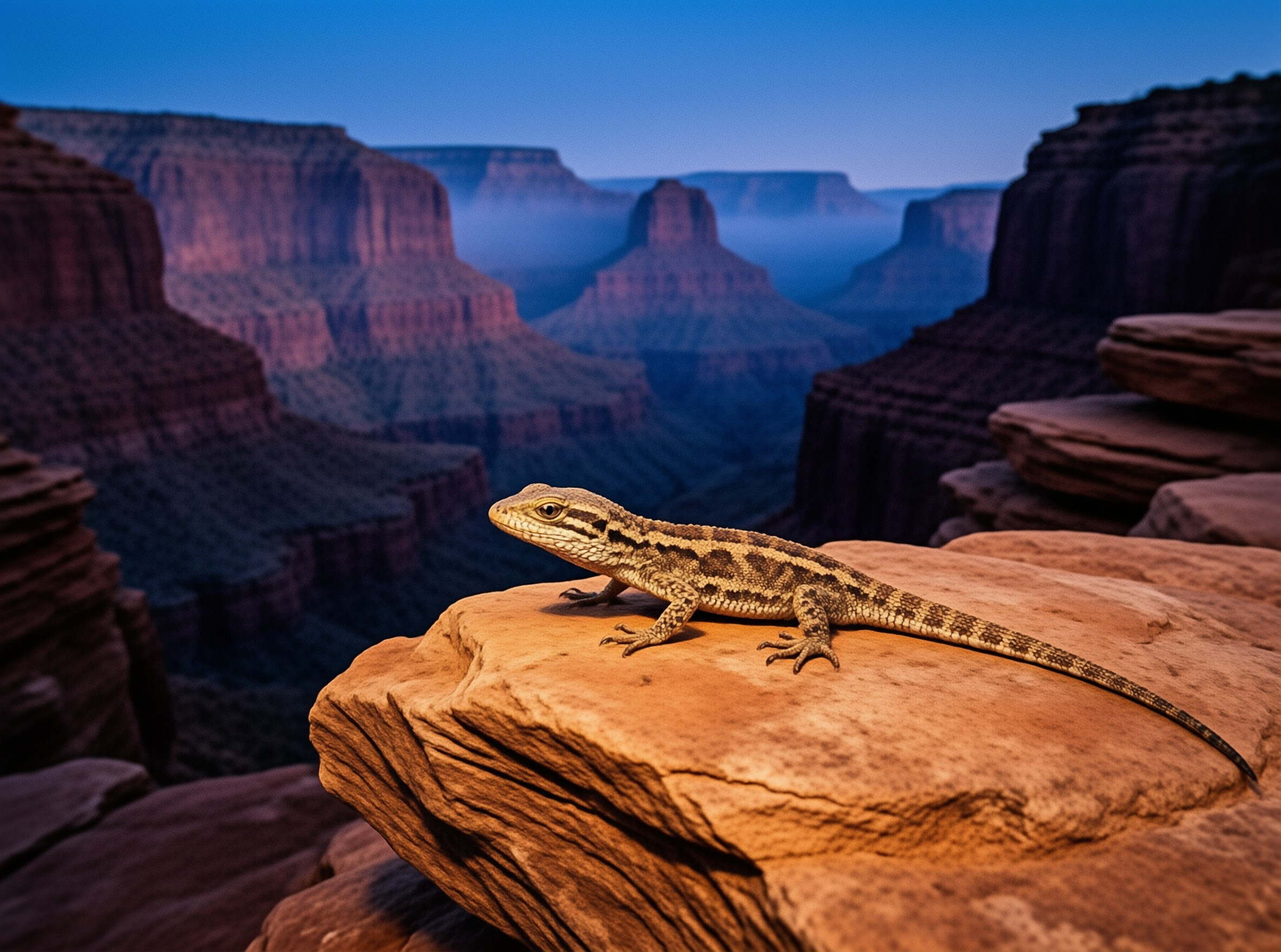 A patterned reptile rests on a warm orange rock ledge overlooking a misty blue canyon landscape at twilight.