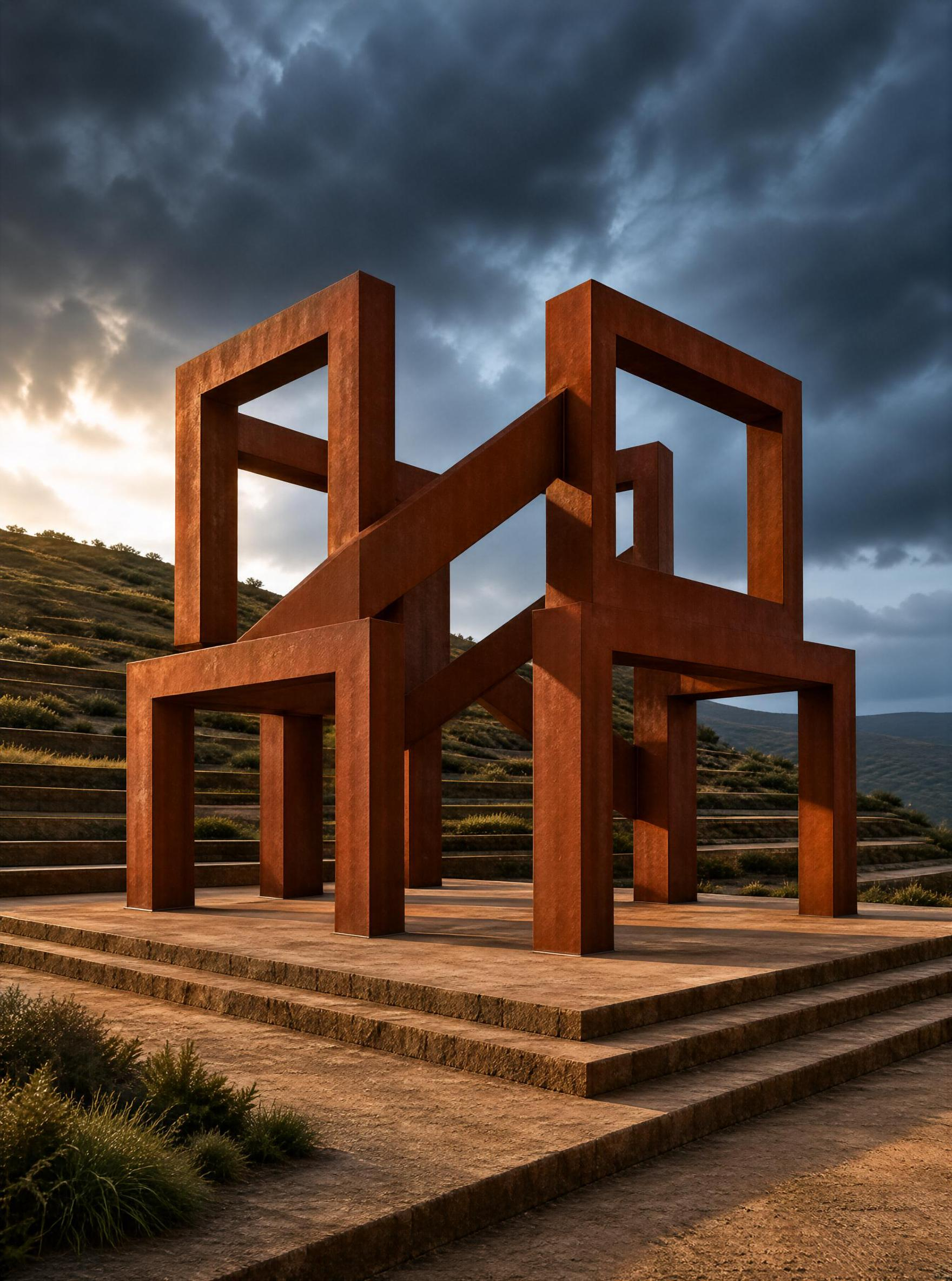 Rust-colored geometric outdoor sculpture