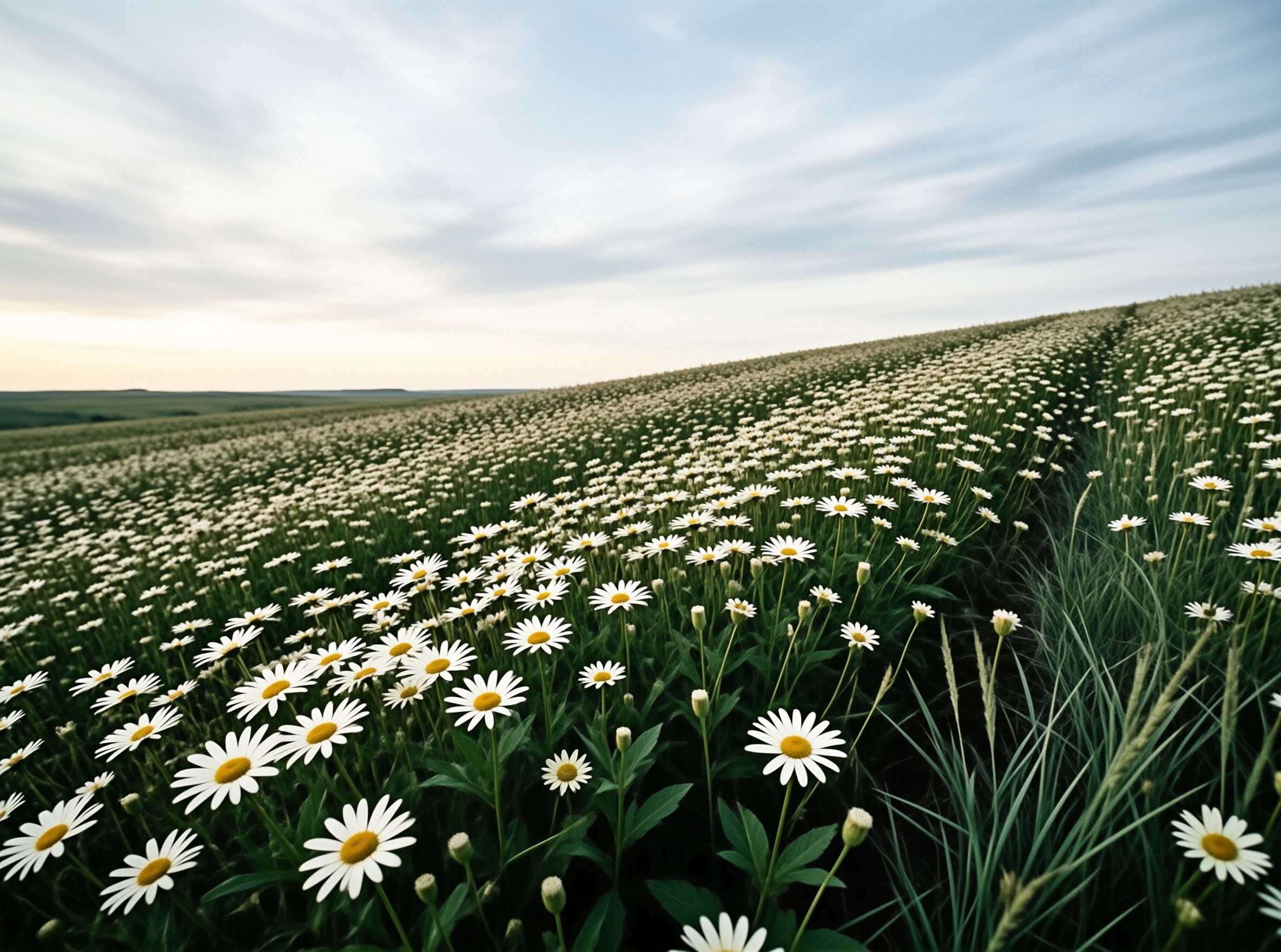 White daisies spread across a rising meadow beneath wispy clouds and a hazy evening sky.