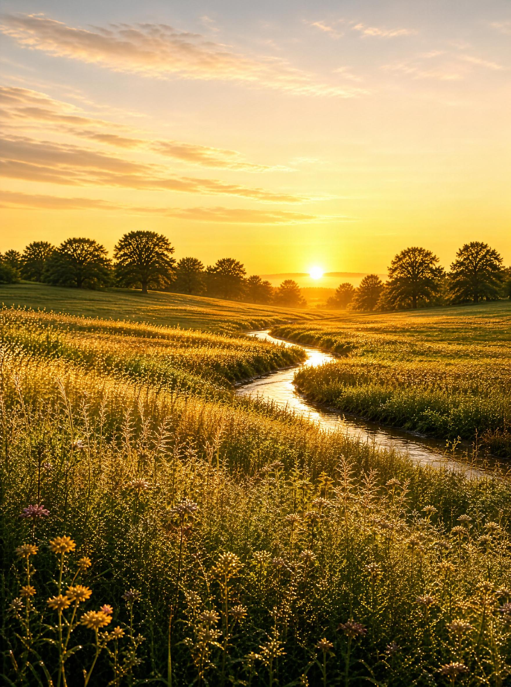 Golden hour meadow stream