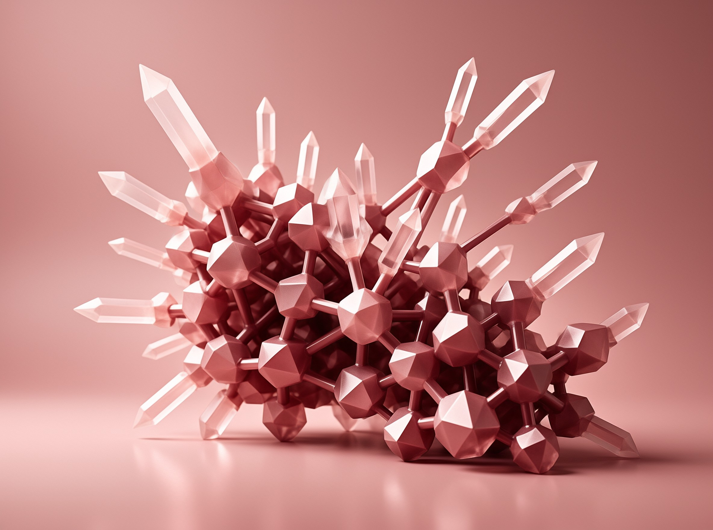 A pink geometric object with sharp spikes rests on a smooth gradient plane under soft lighting.