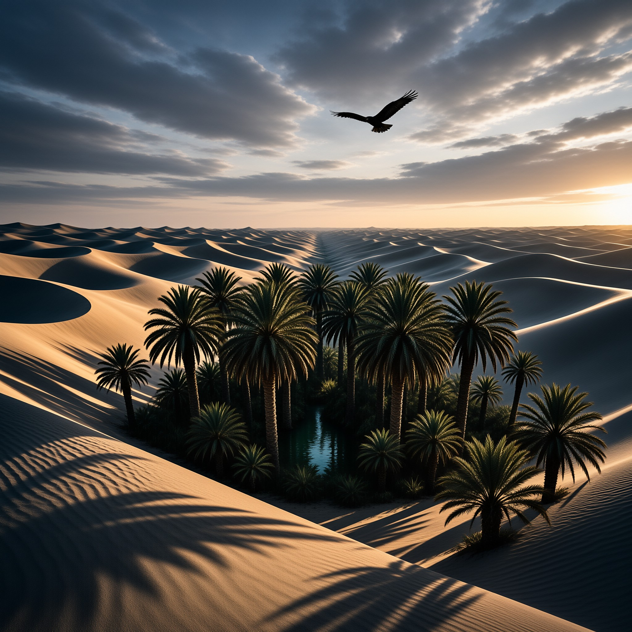 A lush palm tree oasis with a clear pool sits amidst vast sunlit desert sand dunes under a dramatic cloudy sky with an eagle flying above.