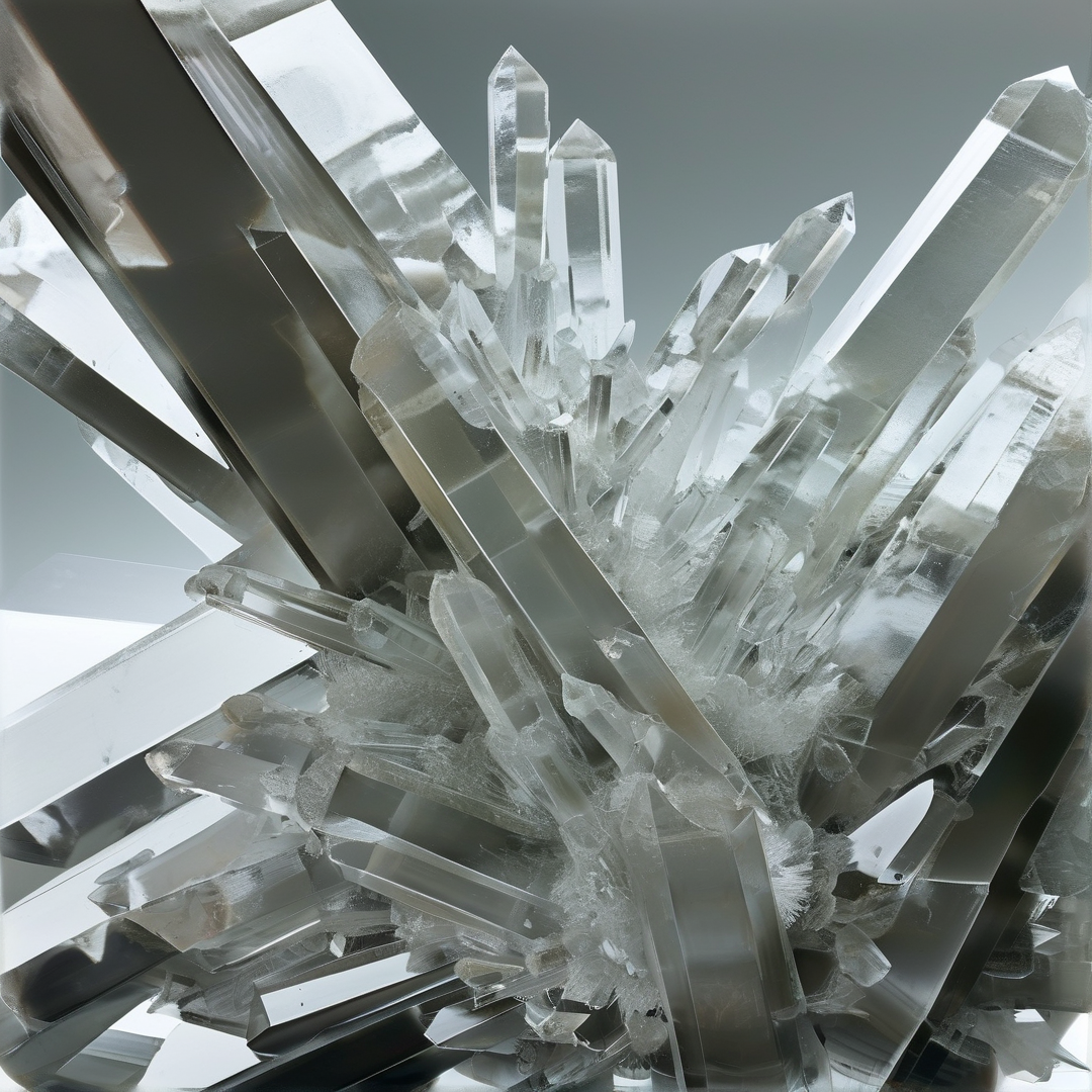 A dense cluster of transparent prismatic crystals radiating outward with reflective facets against a neutral gray backdrop.