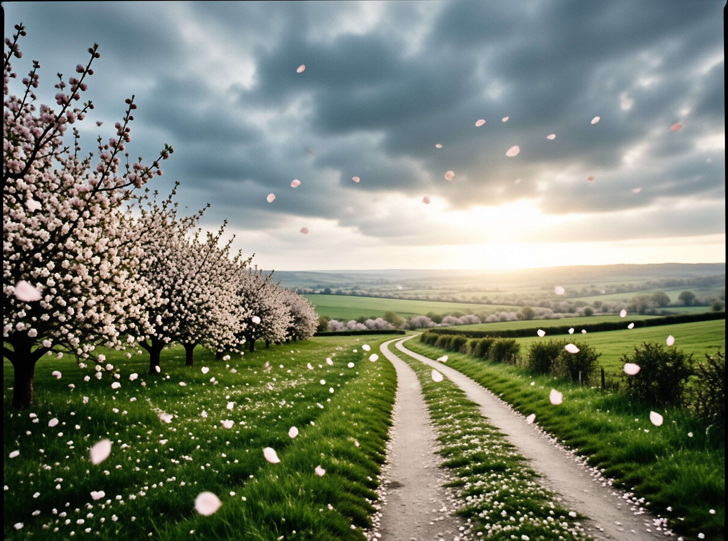 A curving road winds through green fields beside blooming orchards while petals drift under the cloudy sky.