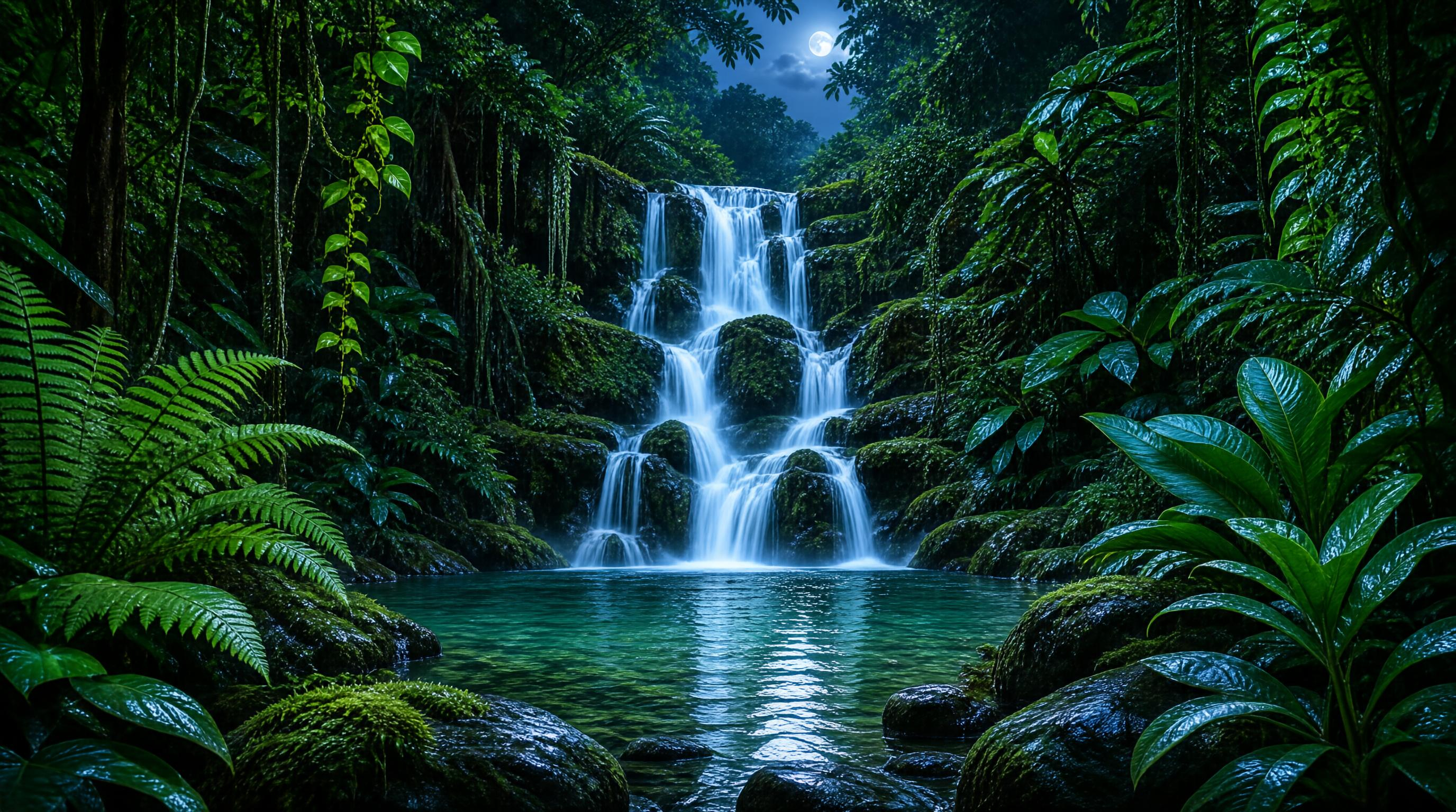 Moonlit Jungle Waterfall
