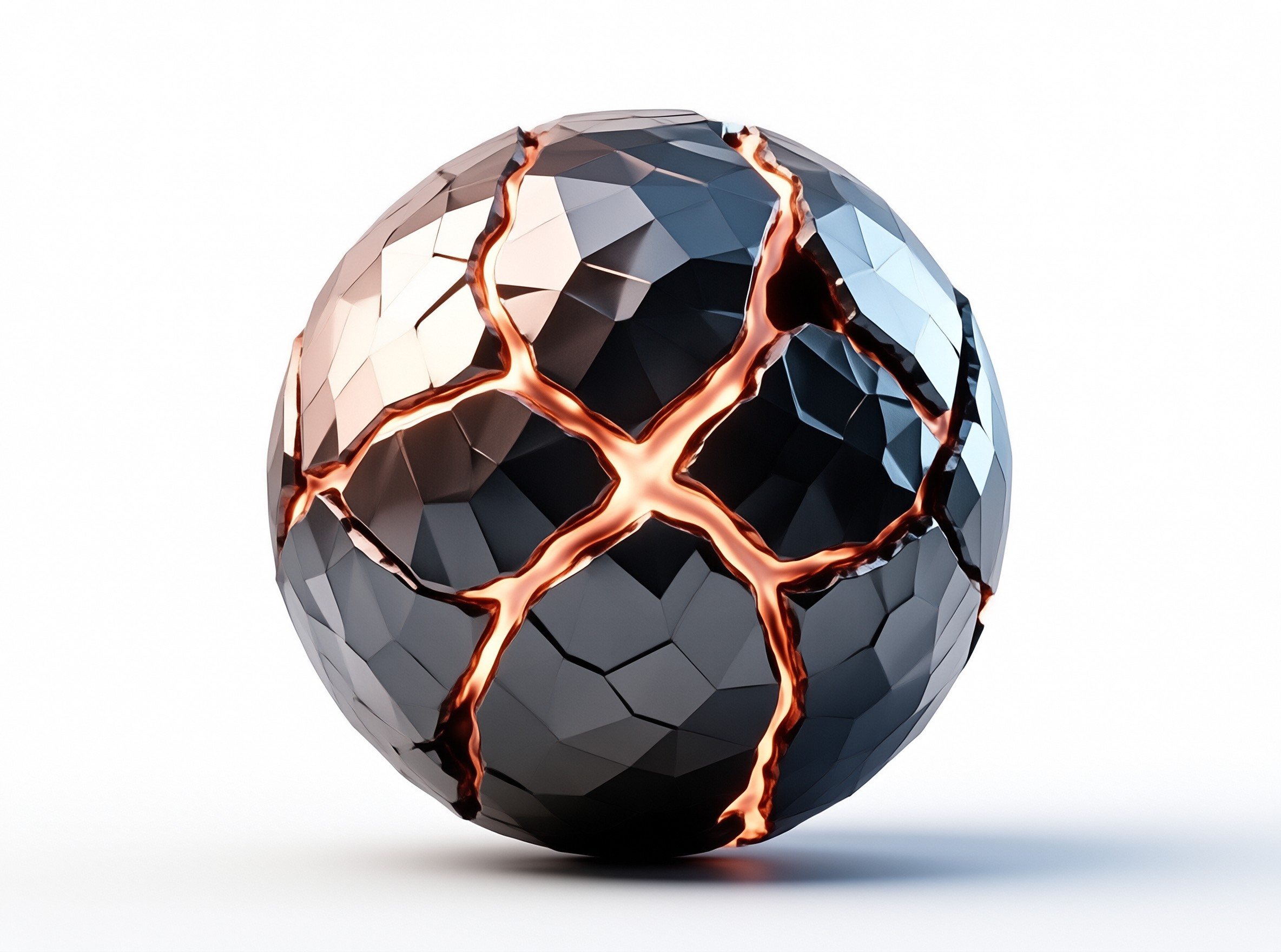 A faceted dark sphere sits on a white background with bright orange cracks glowing from within.