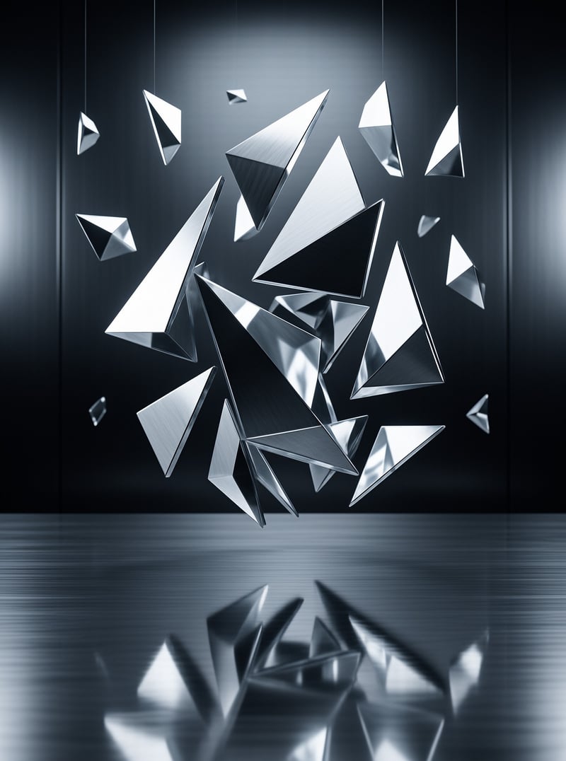 Sharp geometric pieces of polished metal float in a dark room, casting bright reflections on the smooth floor below.