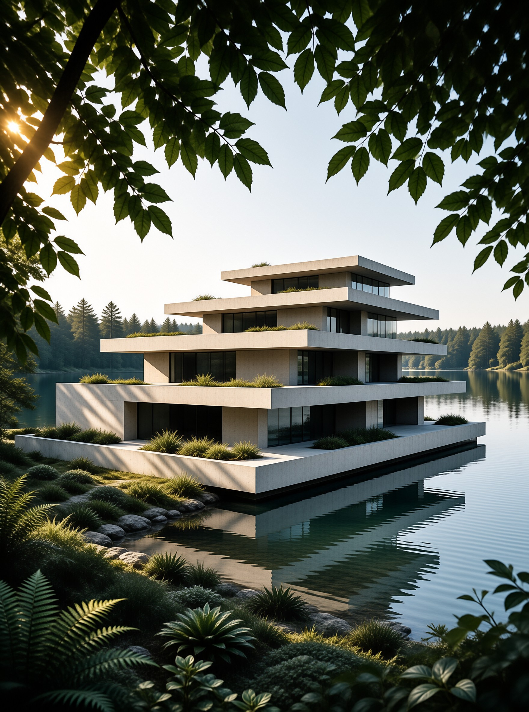 A multi-level lakeside villa rests on calm water, framed by overhanging leaves, with dawn light casting shadows across its green terraces.