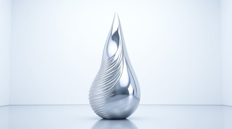 A chrome teardrop shape with horizontal ridges on the left side sits against a seamless white wall.