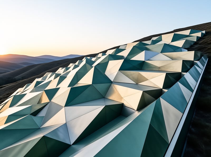 A bright full moon rises over the angular glass front of a building that climbs a shadowed slope above concrete steps.