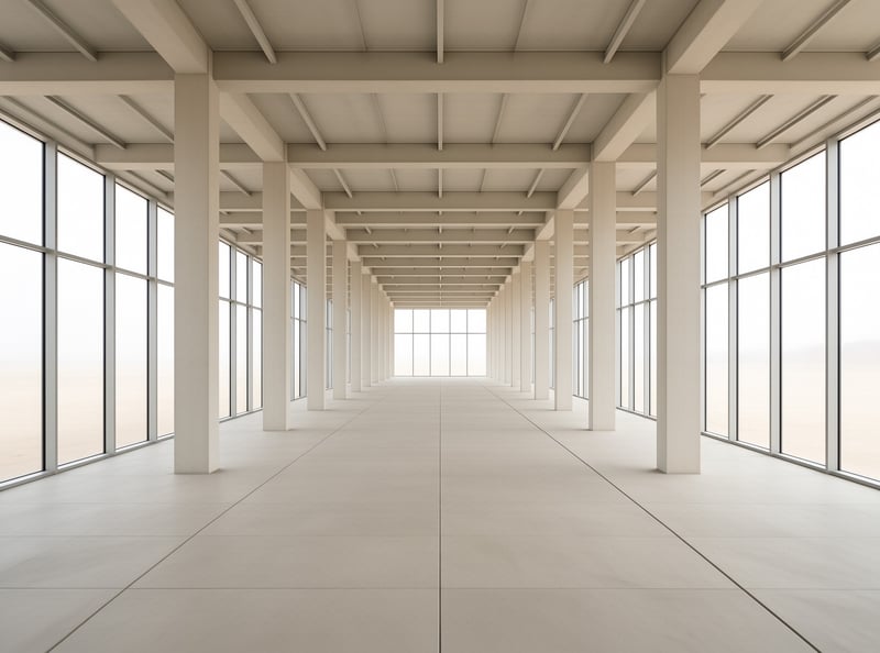 A symmetrical view of a large white hall featuring rows of columns and expansive glass windows.