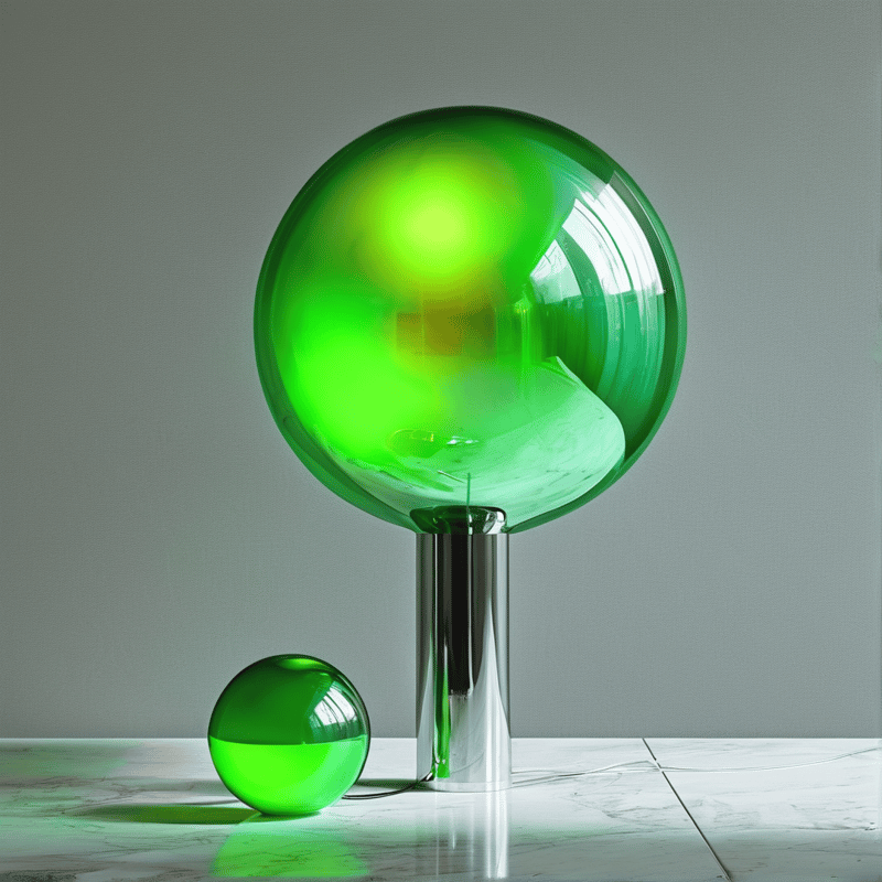 A large green glass sphere mounted on a chrome stand emits a bright internal glow while a smaller matching sphere rests on a white tiled floor against a gray wall.