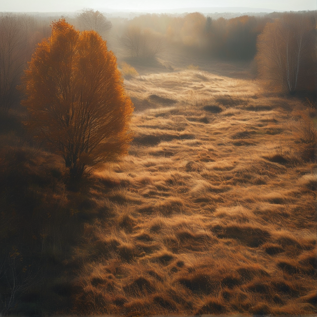 A golden-leaved tree stands alone in a foggy grassland under soft morning sunlight