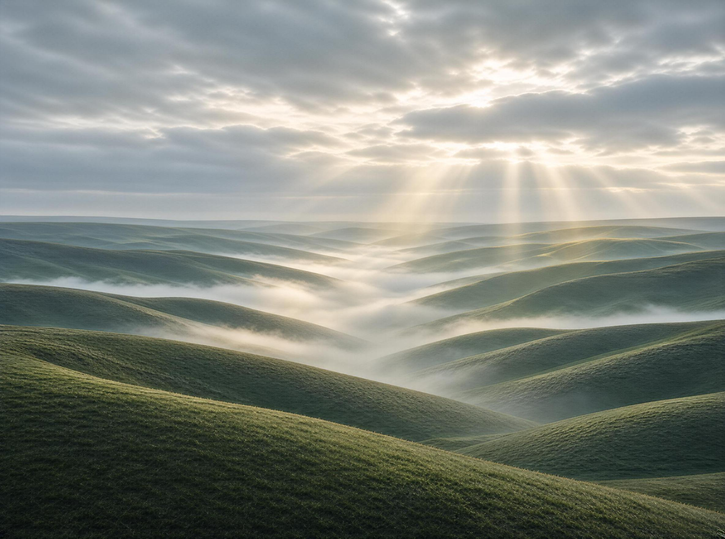 Rolling Hills with Mist and Sunbeams
