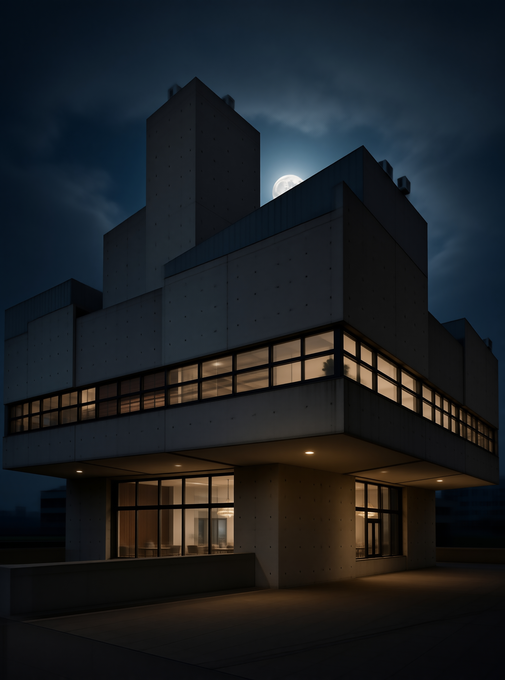 Modern Concrete Building at Night with Moon