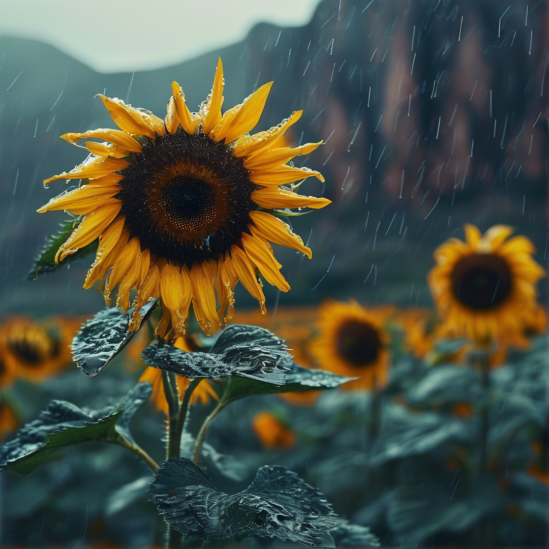 A single rain-soaked sunflower stands prominent in a field of blurred sunflowers beneath falling rain, with glistening wet leaves and hazy dark mountains behind it.