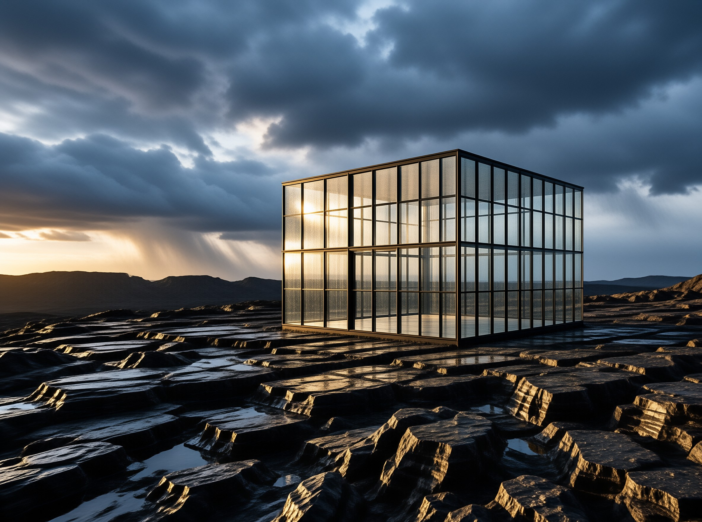 A large glass cube structure stands on wet, jagged rocks under a dramatic sky with sunbeams.