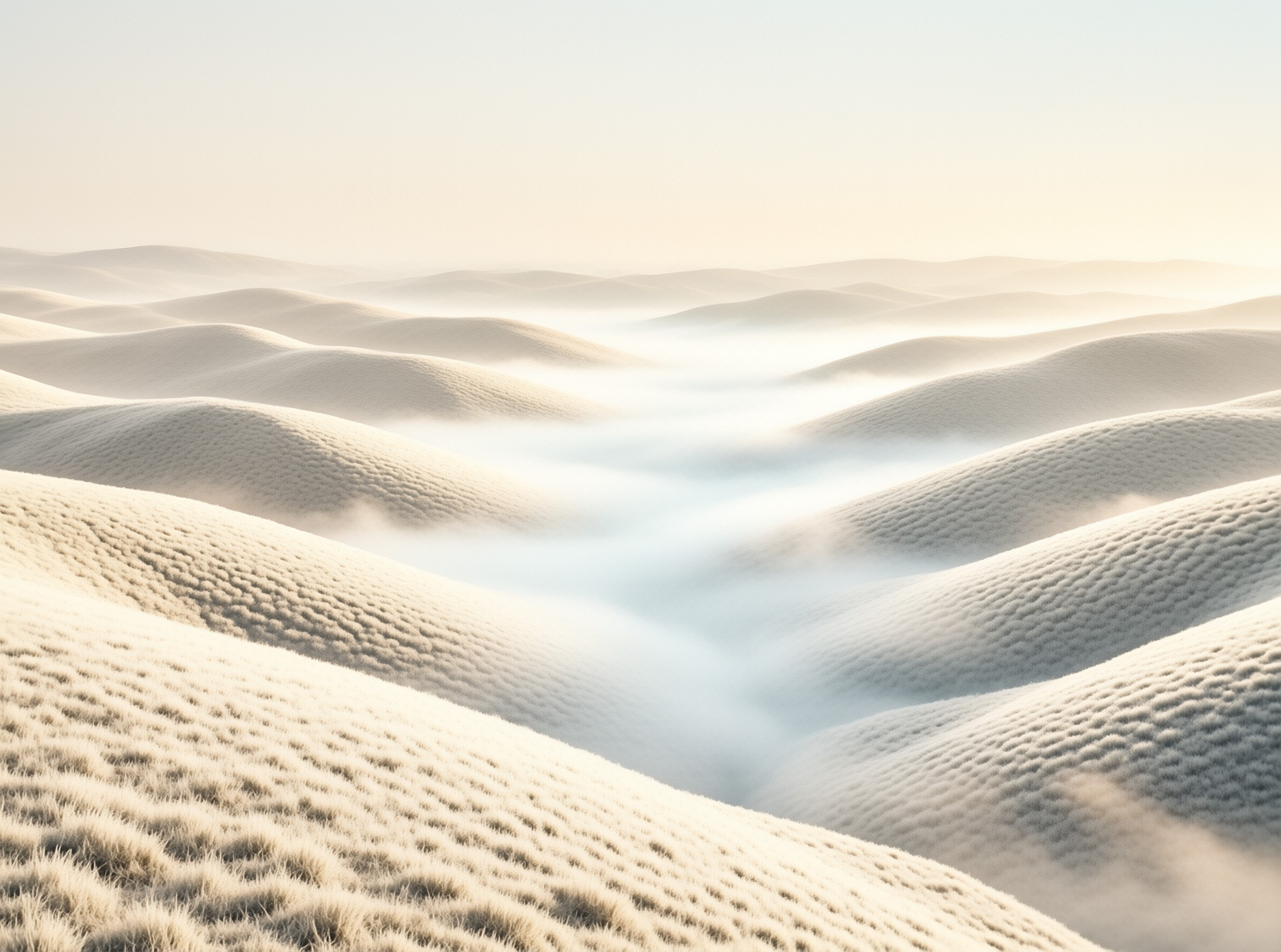 Pale sand dunes rise above a thick layer of white mist, casting soft light on the dry grass in the foreground.