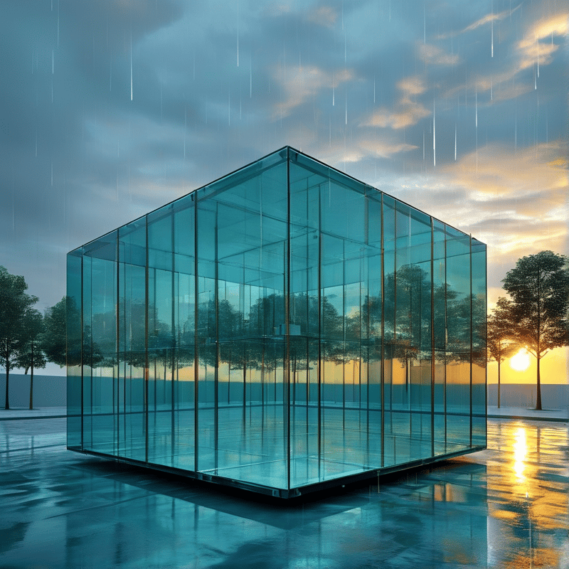 A transparent glass cube stands on a rain-slicked plaza, mirroring leafy trees and a glowing sunset behind storm clouds.