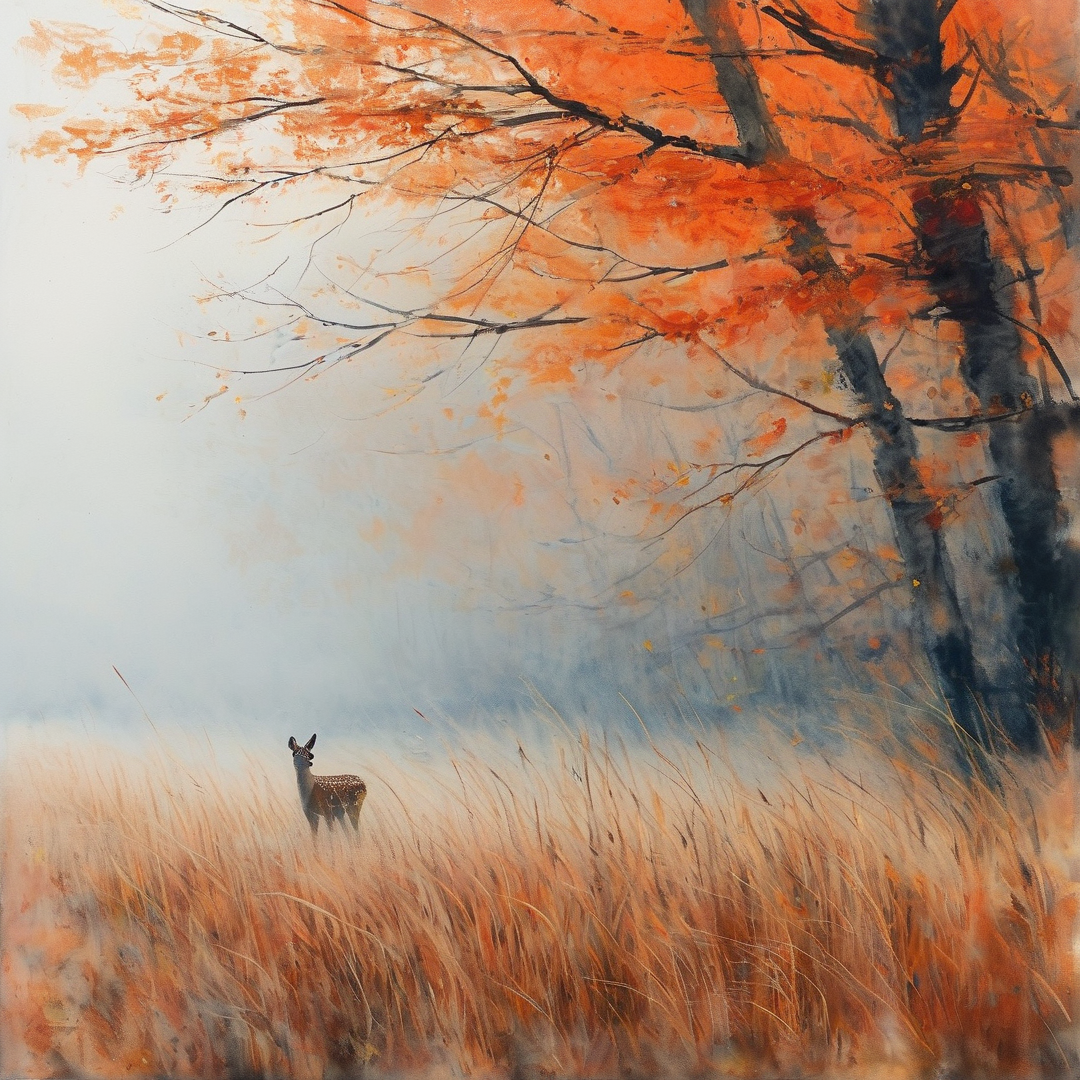 A small deer stands in tall golden grass beneath a large tree with fiery orange leaves while fog rolls across the field.