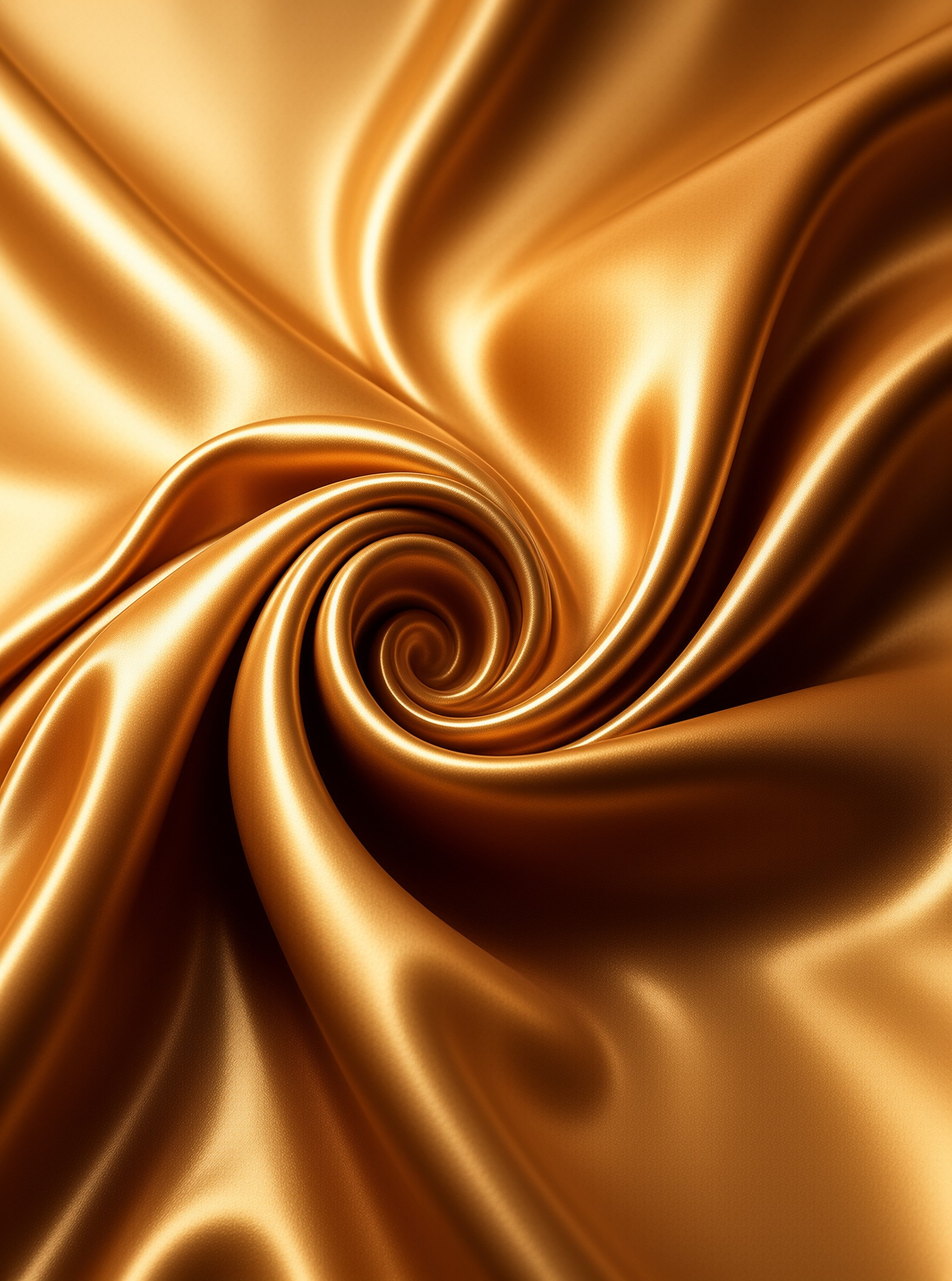 Shimmering gold satin is curled into a tight central spiral with glossy bright highlights and soft shadowed creases.
