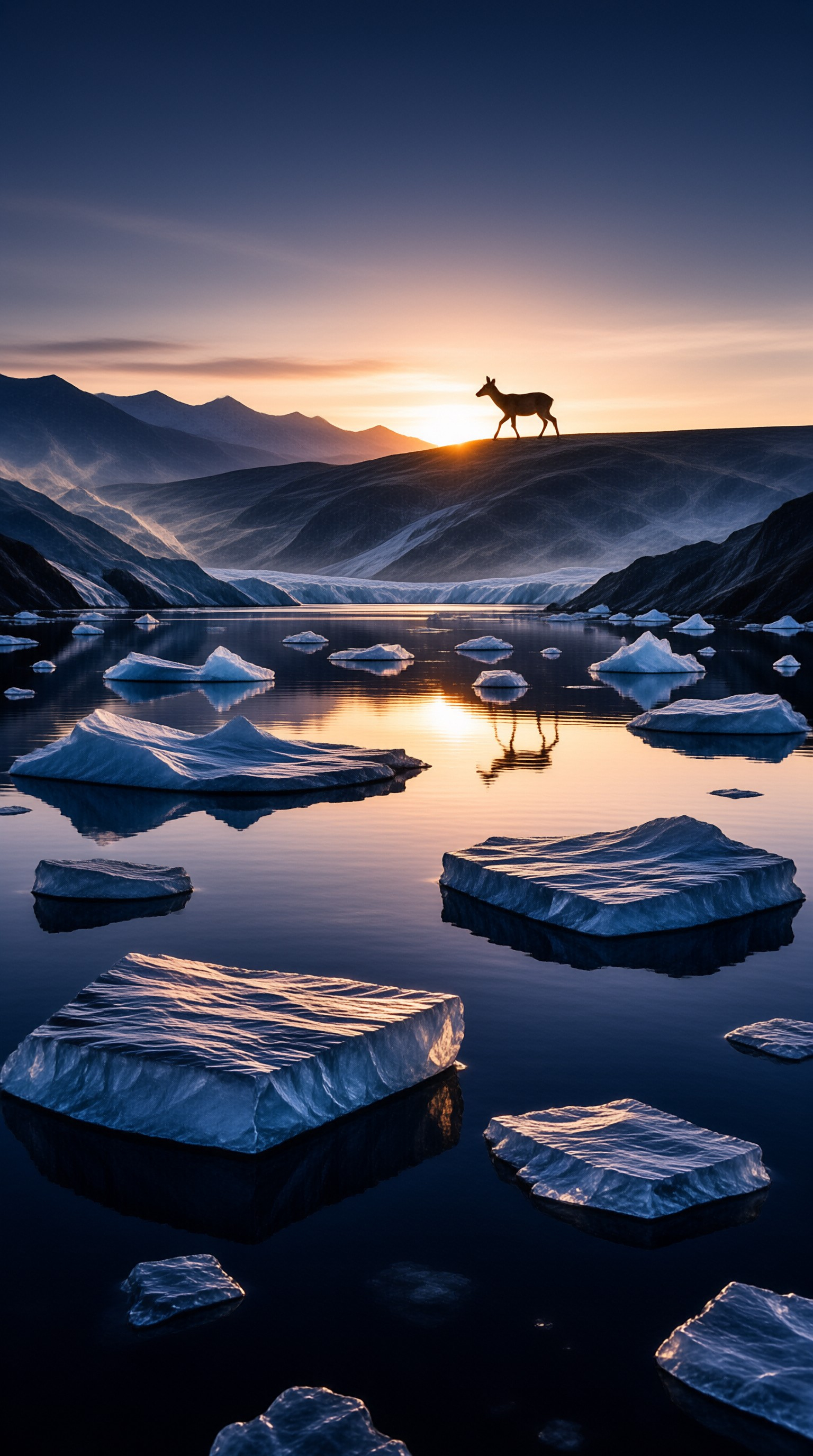A lone deer stands on a hill ridge while the sun sets over a lake filled with floating ice floes.