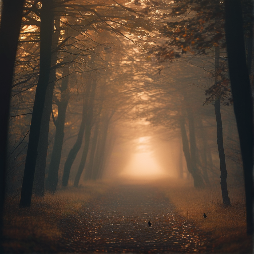 A narrow track winds through a misty woodland where golden sunlight filters through branches to illuminate the haze.