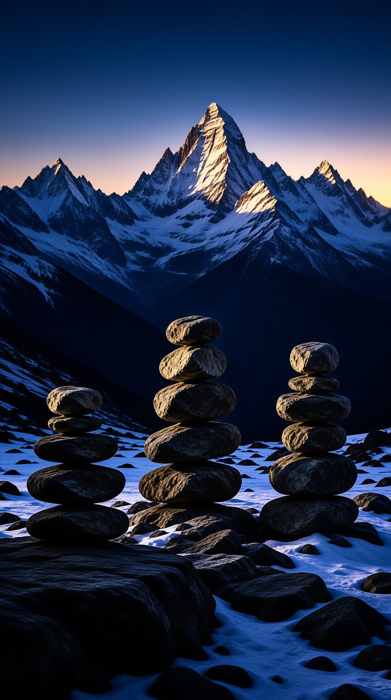 Balanced stone cairns stand on snow while a sharp alpine peak catches golden sunlight against a twilight sky.
