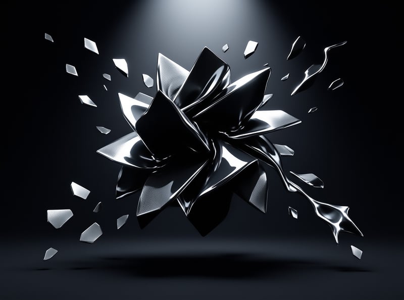 A shiny black crystalline structure shatters into flying fragments beneath a focused beam of white light.