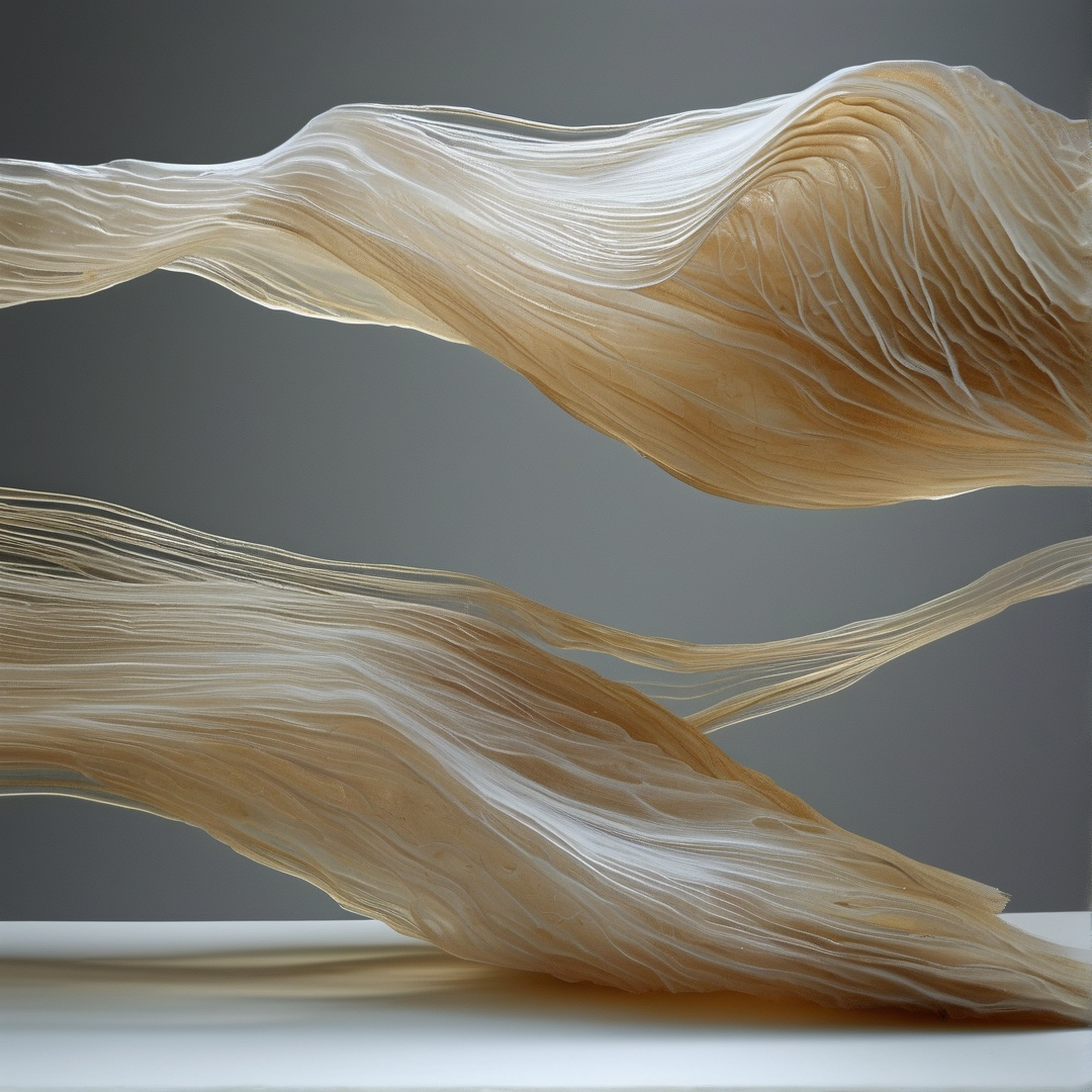Cream and beige silk ribbons curve against a gray studio wall, even light highlights fine layered texture and soft undulating shape.