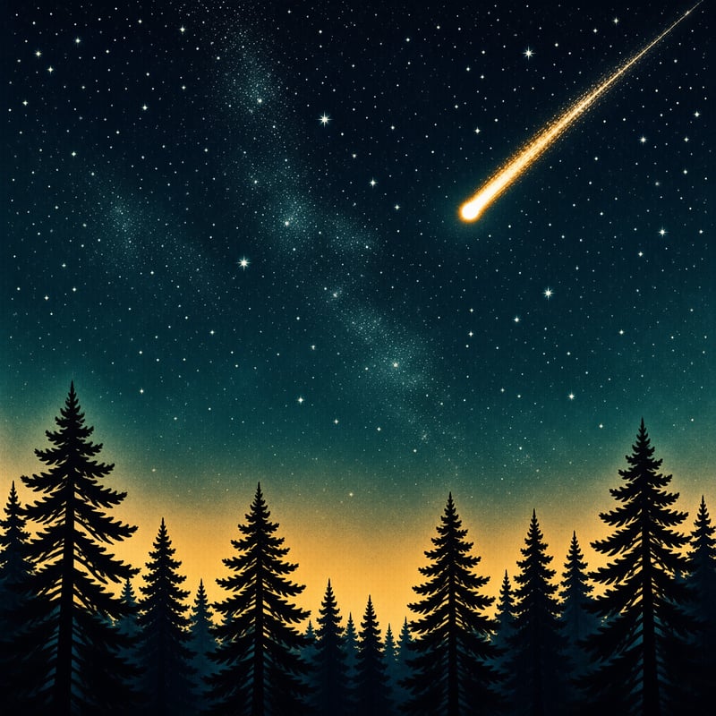 A bright meteor leaves a glowing trail across the deep blue night sky above dark pine tree silhouettes.