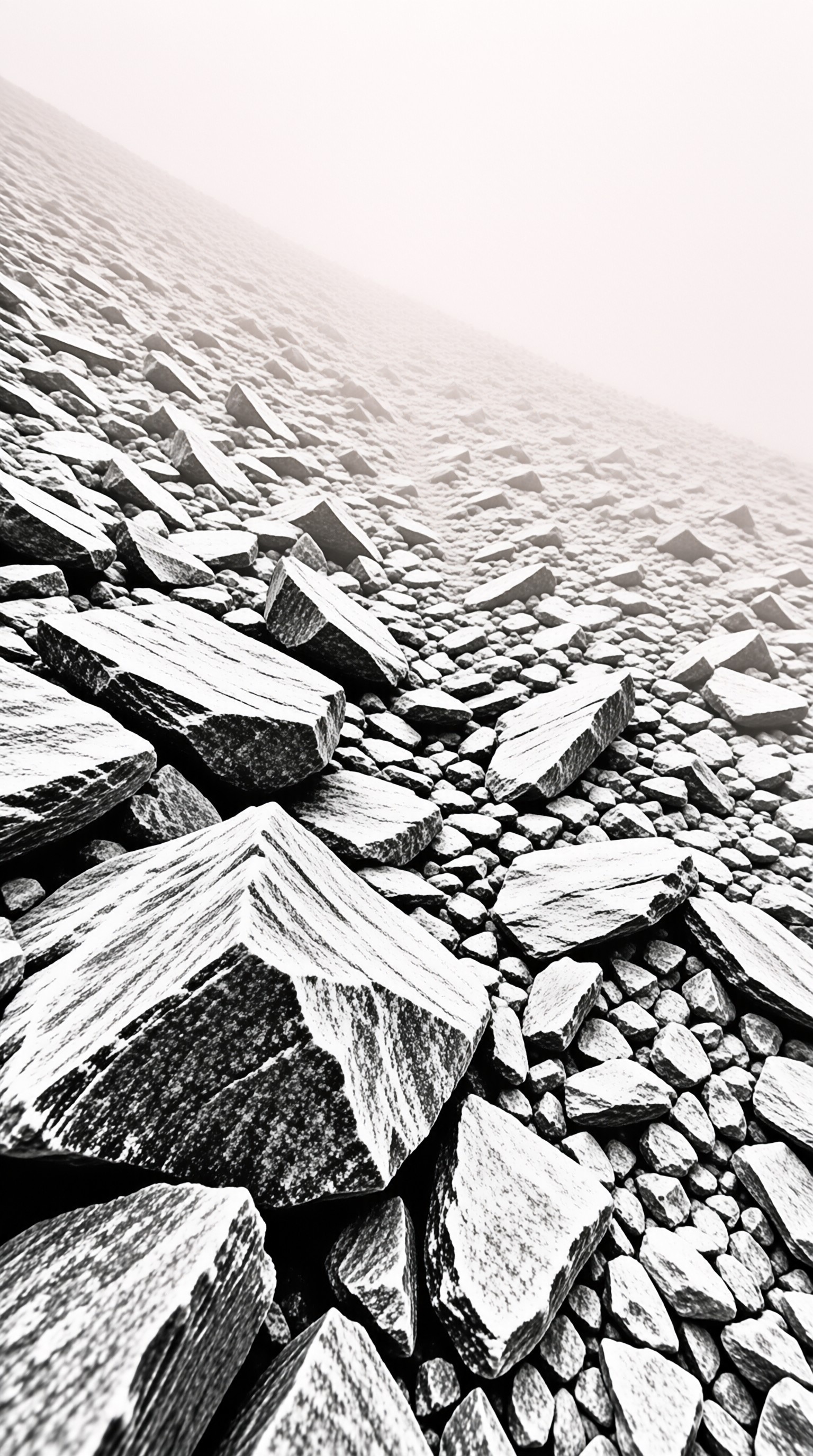 A steep mountainside piled with jagged stones and gravel disappears gradually into a bright fog at the top.