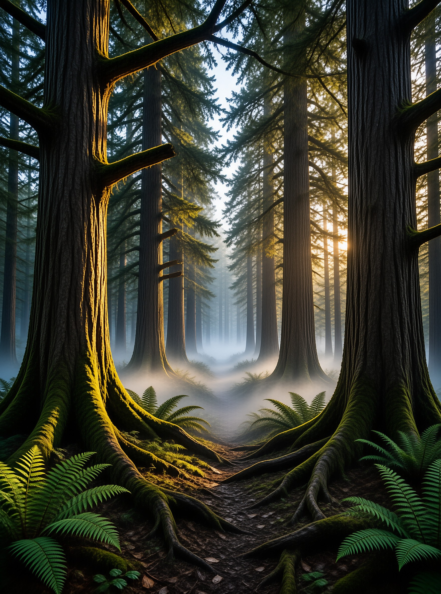 Sunlit Misty Forest Path