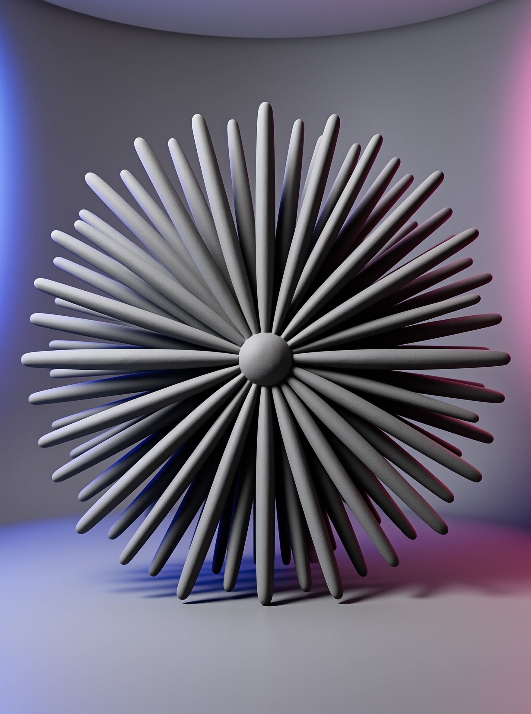 A matte grey sculpture bristling with rounded spikes stands in a studio glowing with blue and pink edge light.