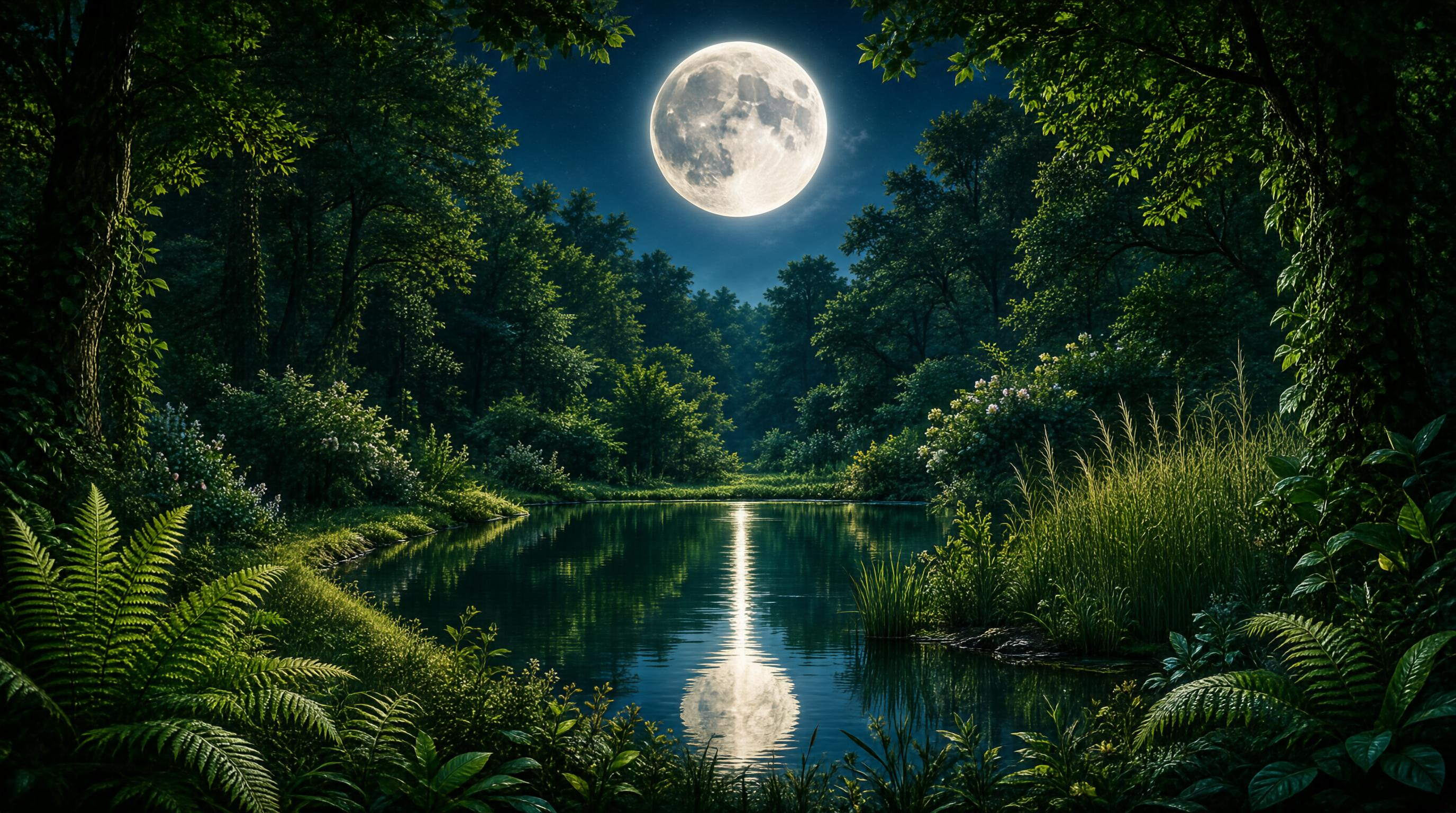 Moonlit Forest Lake Scene
