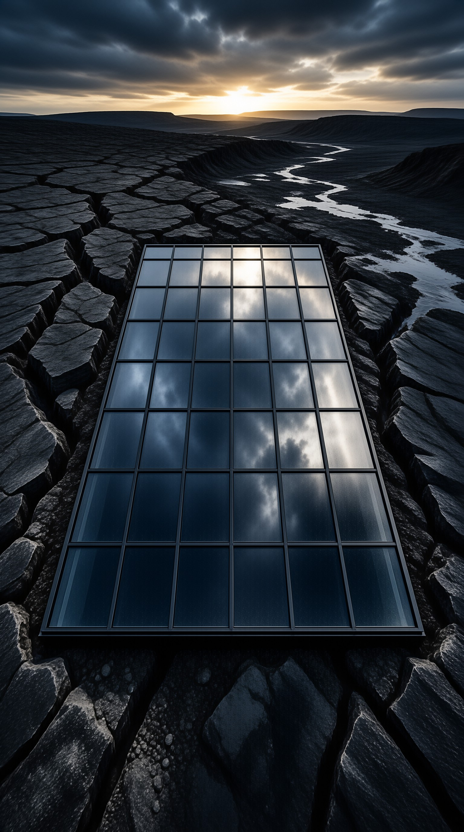 A large grid of reflective glass panels sits in dark cracked earth while a river winds toward a sunset horizon.