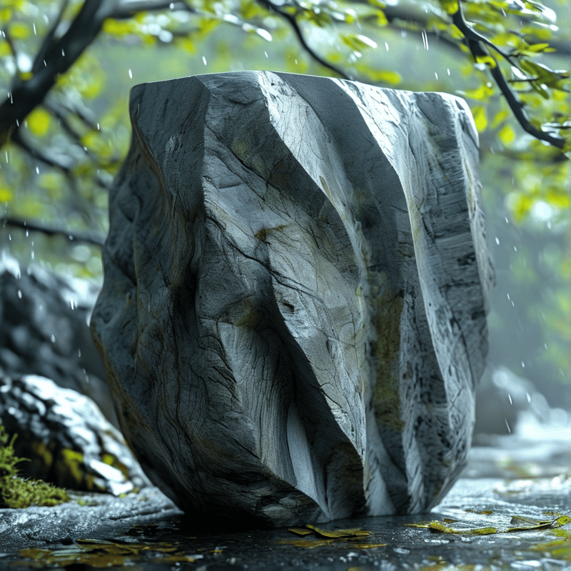 A weathered grey carved stone sits on a wet forest path in light rain, with green foliage and fallen autumn leaves around it.