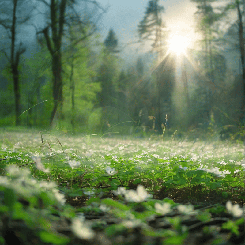 White wildflowers blanket the green forest floor as golden sunbeams pierce through the misty trees above.