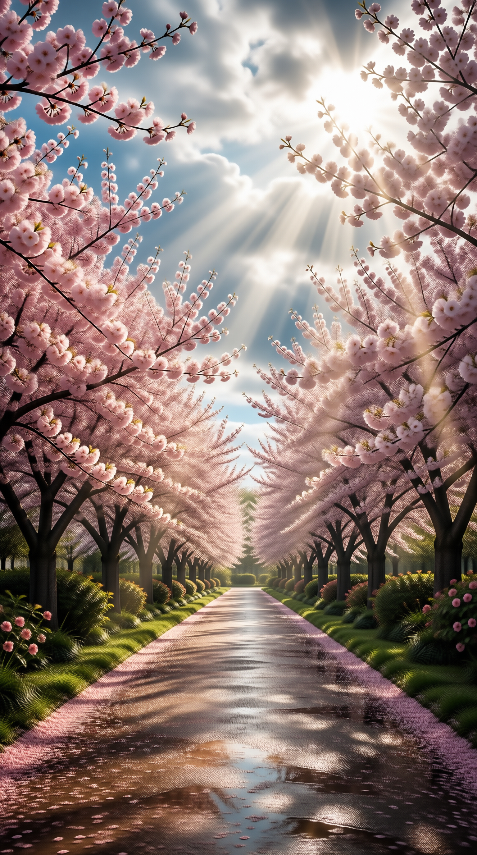 Cherry Blossom Path Under Sunlight