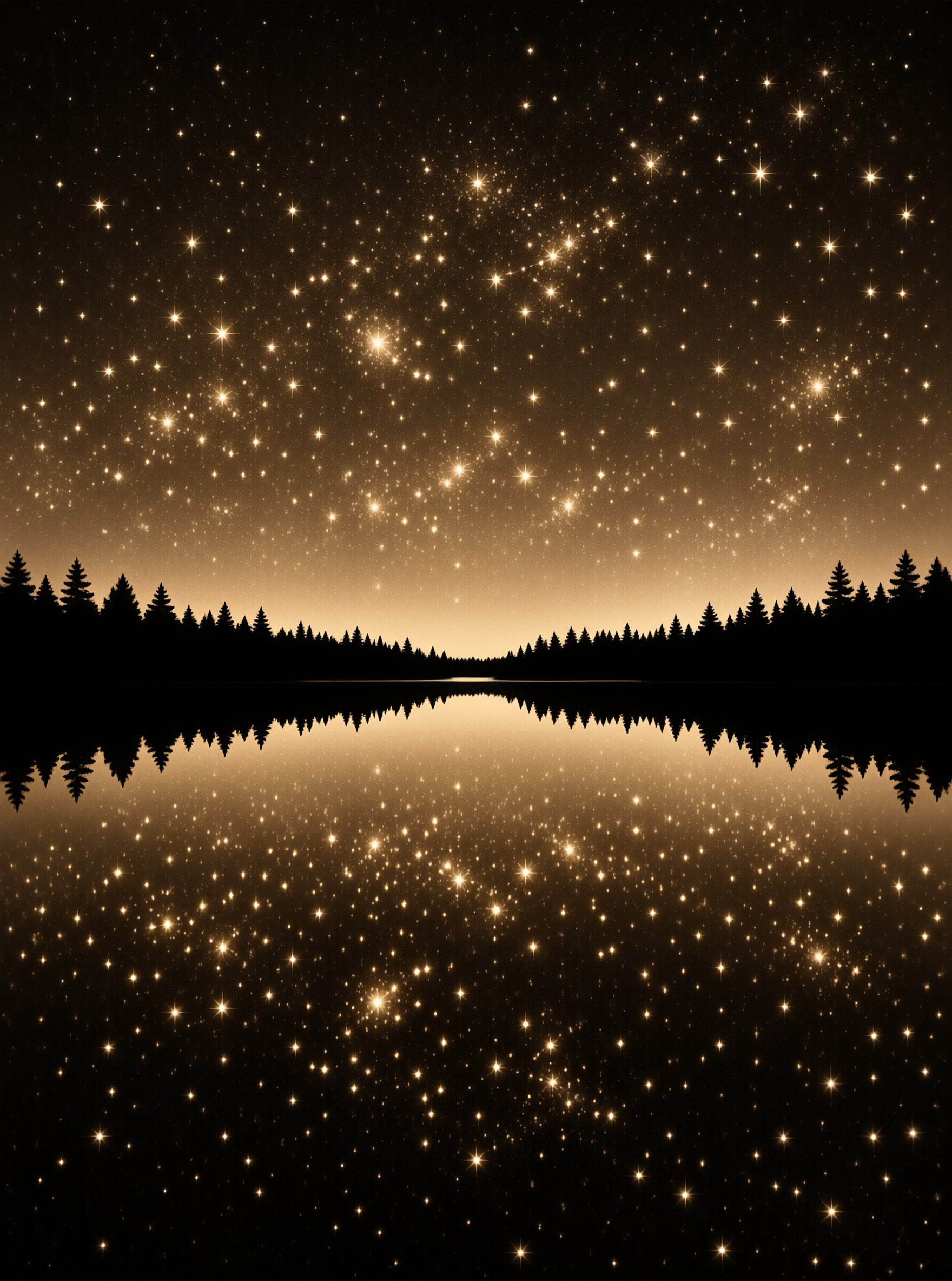 Dark evergreen trees line the horizon separating a bright celestial display from its mirror image in the still water.