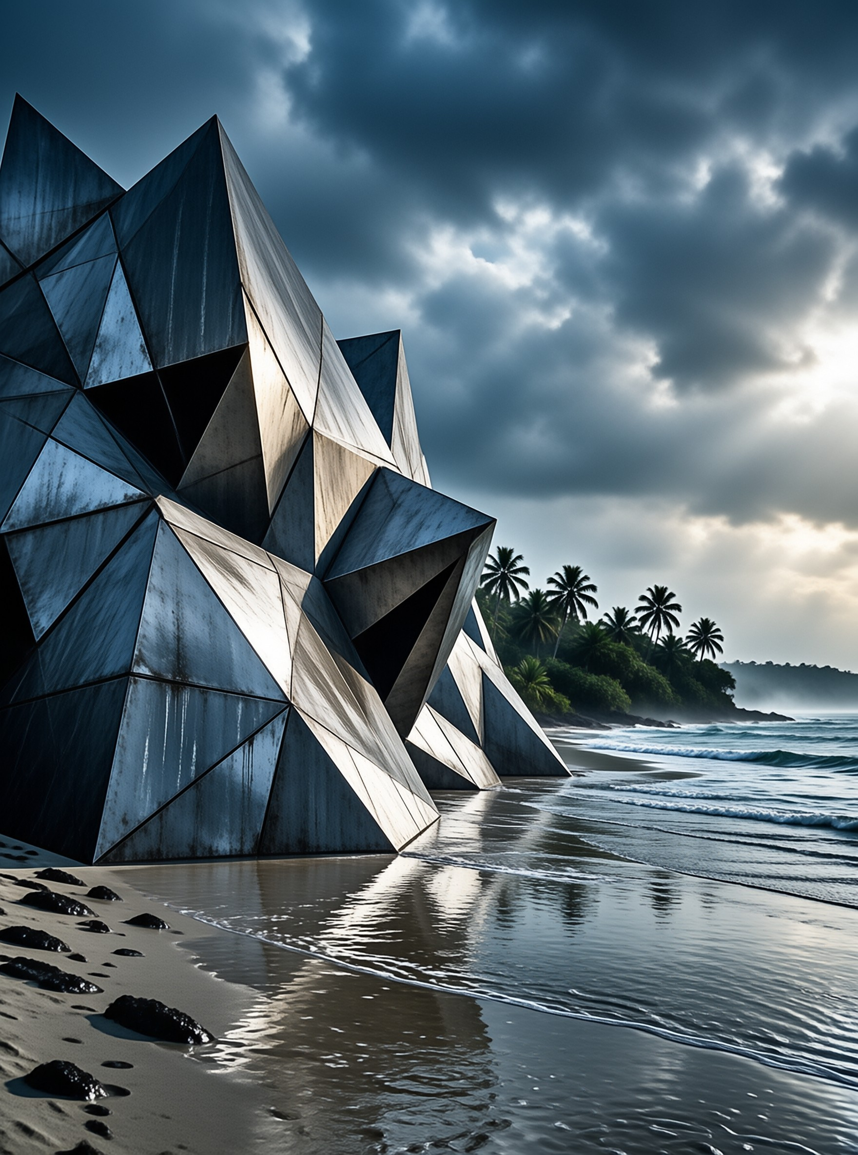 A large angular metallic object sits on wet sand while palm trees line the shore under dark clouds.